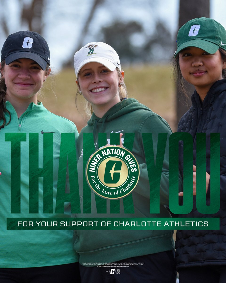 CharlotteWGolf's tweet photo. THANK YOU, Niner Nation! 💚⛳
Your support during #NinerNationGives fuels every swing and putt. Because of you, we compete with heart and drive — on and off the course.
Together, we rise. 🤙
#GoldStandard⛏️ x #FTLOC https://t.co/SrtWVA9VKZ