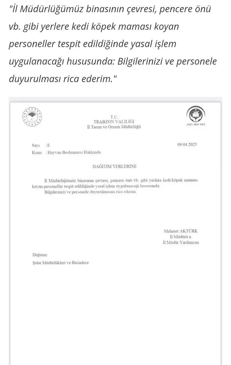 Trabzon İl Tarım ve Orman Müdürlüğü, müdürlük binasının etrafına kedi-köpek maması koyan personeller hakkında yasal işlem başlatılacağını duyurmuş.
Böyle milim milim mi ilerleyeceğiz tüm ülke sokaklarında besleme yasaklanmalı!
Beslemek isteyen evine almalı.
<a href="/TCTarim/">T.C. Tarım ve Orman Bakanlığı</a>