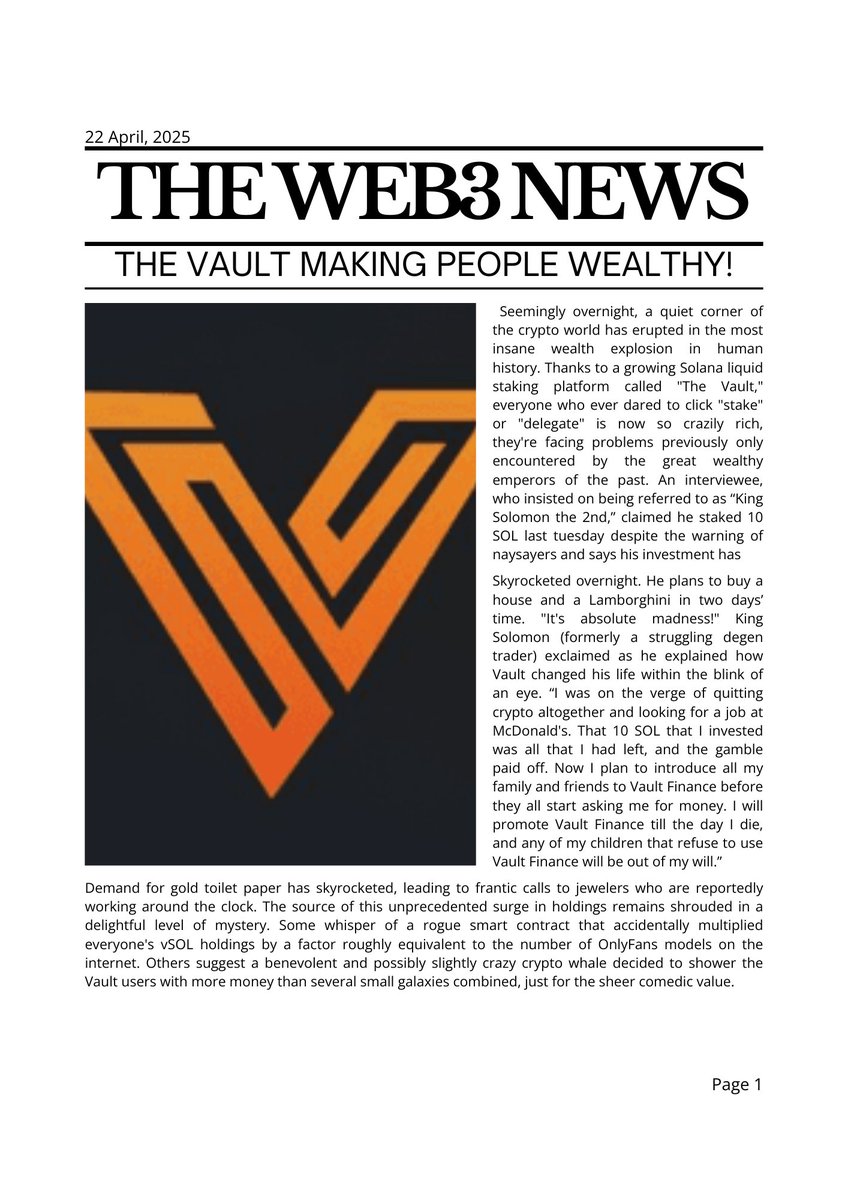 I created an interesting fictional news article about <a href="/thevaultfinance/">The Vault on Solana</a> that will definitely crack you up. I hope <a href="/thevaultfinance/">The Vault on Solana</a> likes my entry.