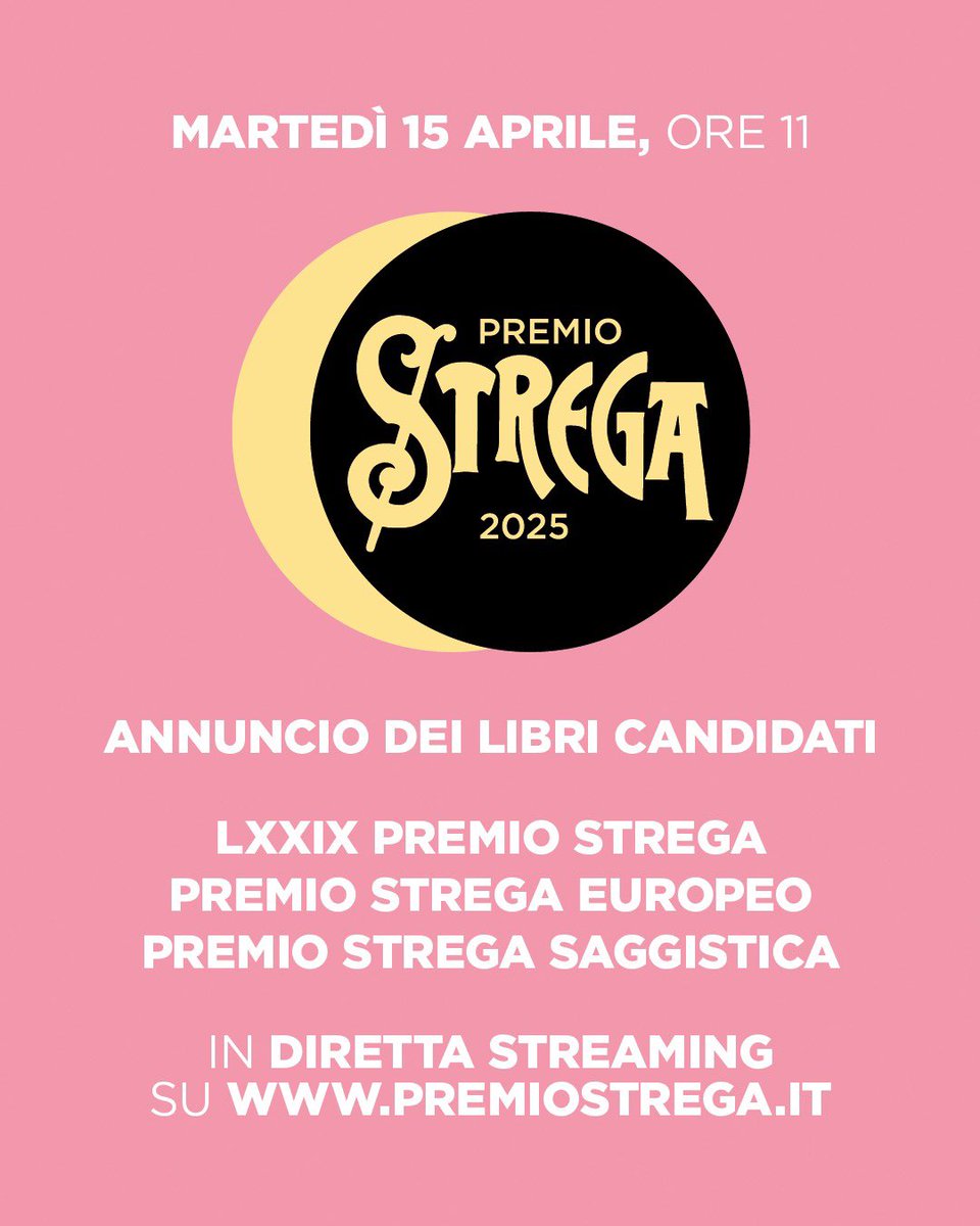 PremioStrega's tweet photo. 📚 Martedì 15 aprile, alle ore 11, saranno annunciati i libri candidati alla LXXIX edizione del #PremioStrega, al #PremioStregaEuropeo e al #PremioStregaSaggistica.

🔴 Sarà possibile seguire la conferenza stampa in diretta streaming sul nostro sito https://t.co/WTQIn99t1k. https://t.co/CkT36zunkr
