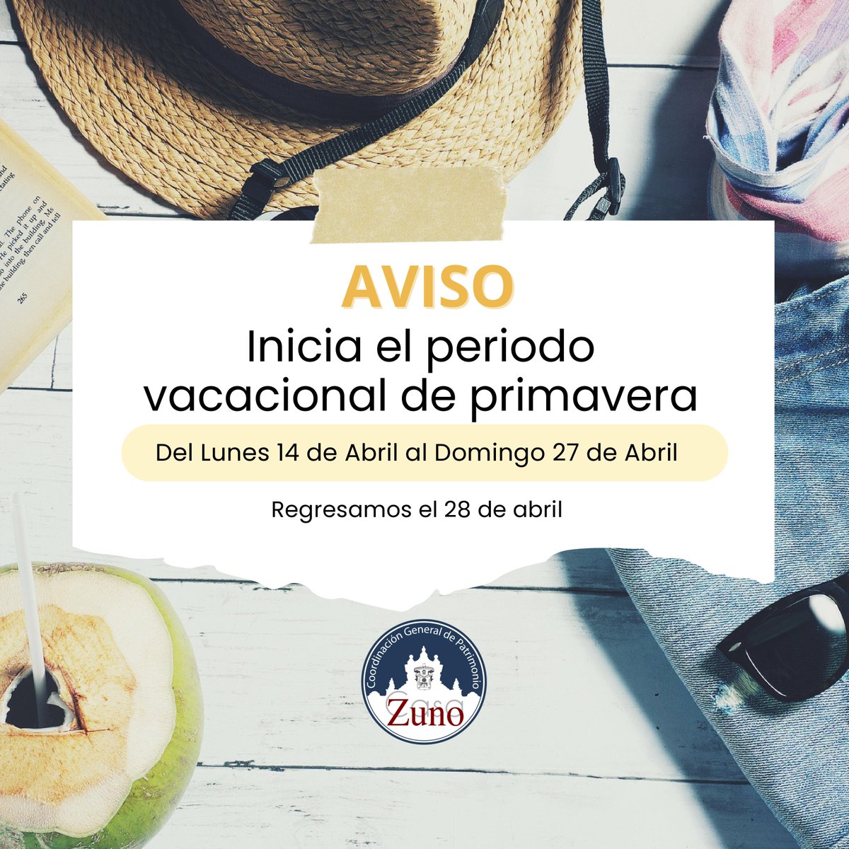 patrimonioudeg's tweet image. #CircularUdeG   Del 14 al 27 de abril, será el periodo vacacional de primavera para el personal académico y administrativo de la #RedUdeG . 🌸 Las actividades se reanudará el 28 de abril.  Consulta la circular completa aquí: 📷url.udg.mx/a0BZ4