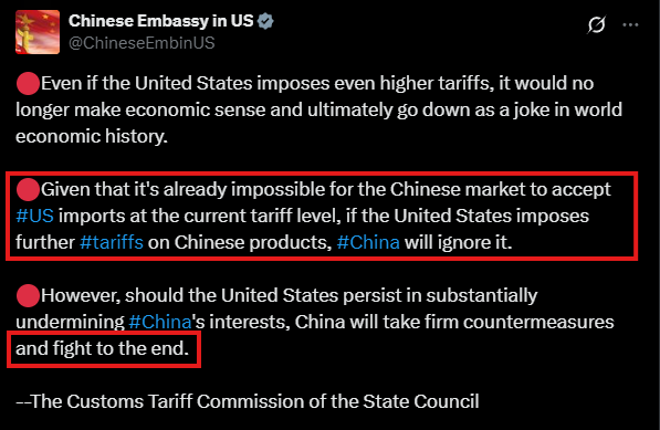 KobeissiLetter's tweet photo. China's response to US tariffs is being misreported:

Many headlines state that China is conceding because they said they will no longer raise tariffs if the US responds.

What China actually said:

China will ignore further tariff increases because "it's already impossible for the Chinese market to accept US imports at the current tariff level."

China also, once again, said they will "fight to the end."

How will Trump respond?
