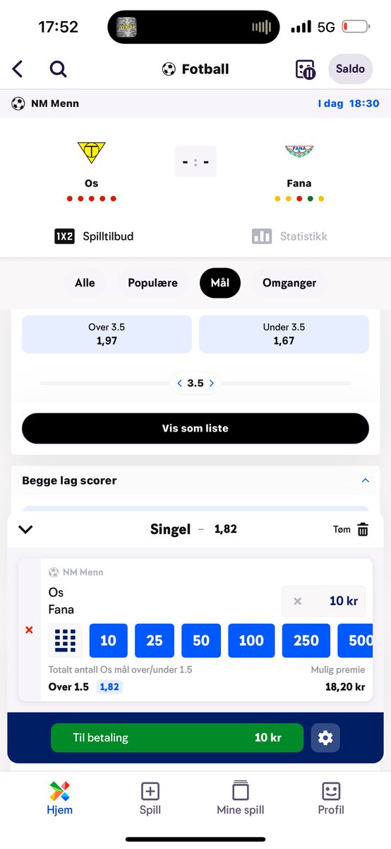 NORWAYLLB's tweet photo. Spiller Os over 1,5 mål til 1,82 med 6 units! https://t.co/tTOPtgfr29