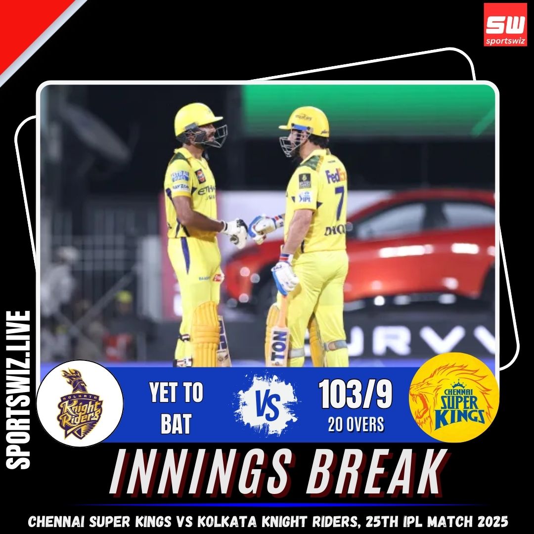 mysportswiz's tweet photo. Innings Break!
CSK post a massive 103/9 in 20 overs against the Kolkata Knight Riders!
Chennai Super Kings vs Kolkata Knight Riders, 25th IPL Match 2025.
https://t.co/pHmnsb7OTj
#MSDhoni #CSKvsKKR #Kohli #Match25 #TheKing #Huijsen #Browns #Alcaraz #Flacco #Tripathi #Sell #Pickett #Dorgu #DeGea #Walsh #Watson #Virgil #BahrainGP #MohamedSalah #Sevilla #YNWA #MoSalah #JustinRose #Maguire #Udinese #Fils #Sportswiz