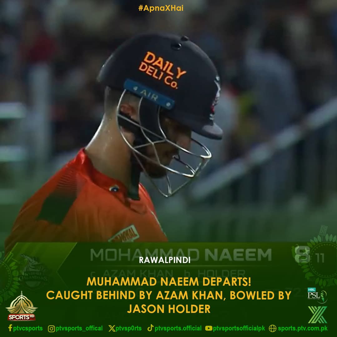 PTVSp0rts's tweet photo. Muhammad Naeem departs! 
Caught behind by Azam Khan, bowled by Jason Holder – another one bites the dust! 🎯

#PSL2025 #MuhammadNaeem #AzamKhan #JasonHolder #WicketAlert #CricketAction #LQvsIU https://t.co/K3V2fxBBUw