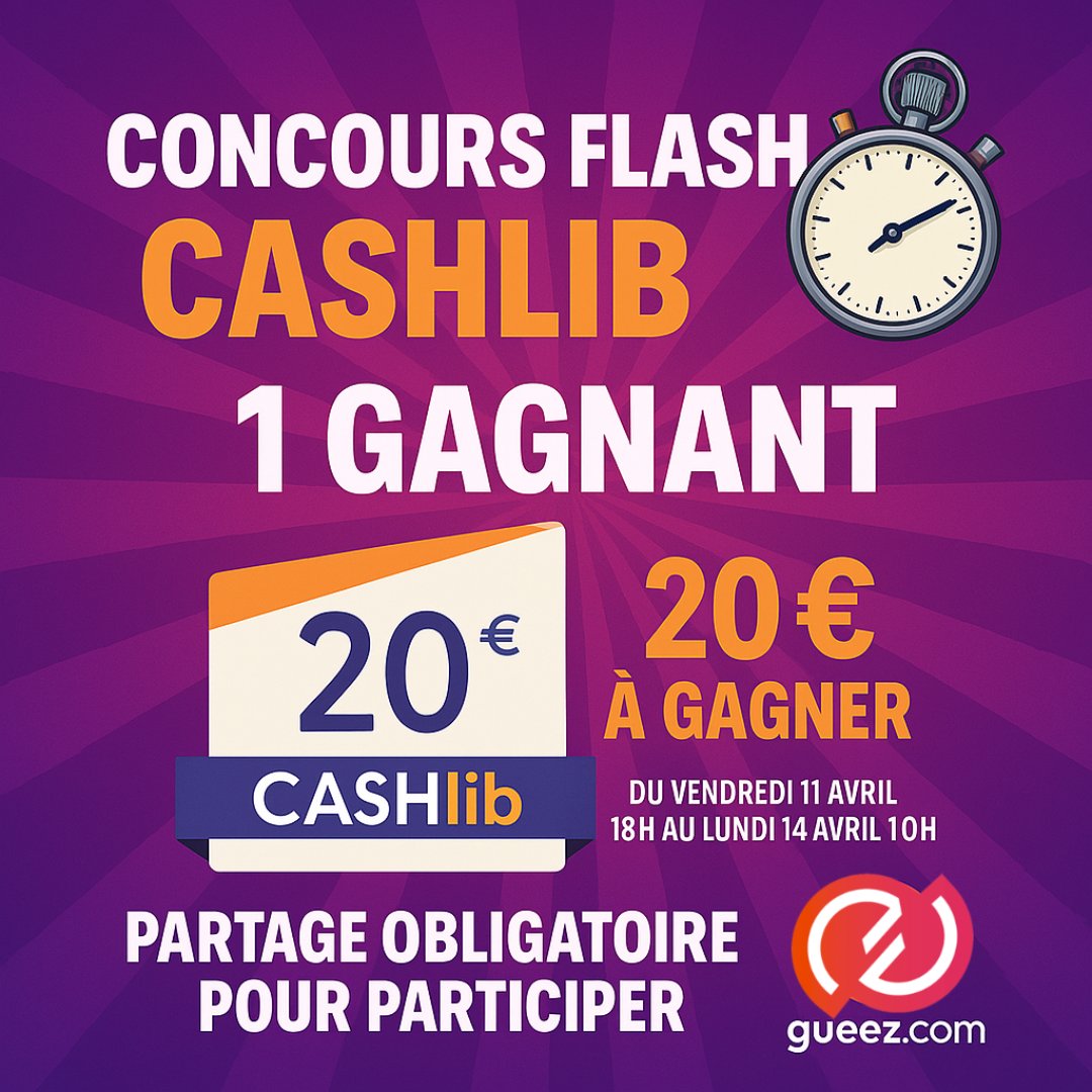 gueezfr's tweet photo. 💥 CONCOURS FLASH 💥
Gagne 20€ en CASHLIB ce week-end 🤑
🔁 Like + RT
👥 Mentionne un pote
✅ Follow @gueezfr
📅 Fin : lundi 10h / Tirage : 14h
🎯 1 SEUL GAGNANT
📌 Partage obligatoire pour valider ta participation !
#Concours #Cashlib #Gueez #Giveaway https://t.co/8jX45SoerP