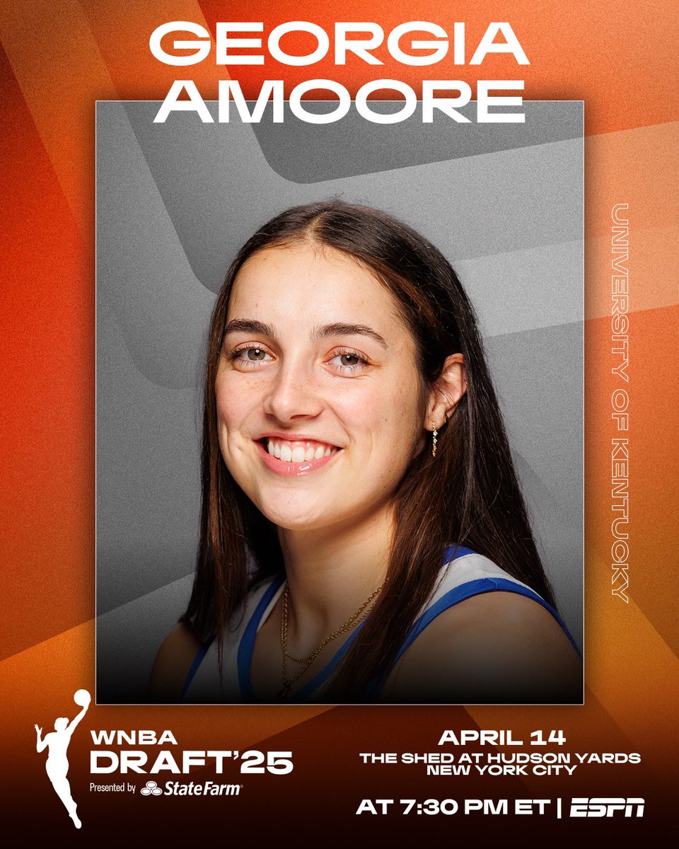 WNBA's tweet photo. From Lexington, KY to @TheShedNY 🗽

Georgia Amoore is officially invited to the 2025 #WNBADraft presented by @StateFarm.

📺  Tune in April 14 at 7:30pm/ET on ESPN to see where her next chapter begins! https://t.co/SZzyfiDgSW