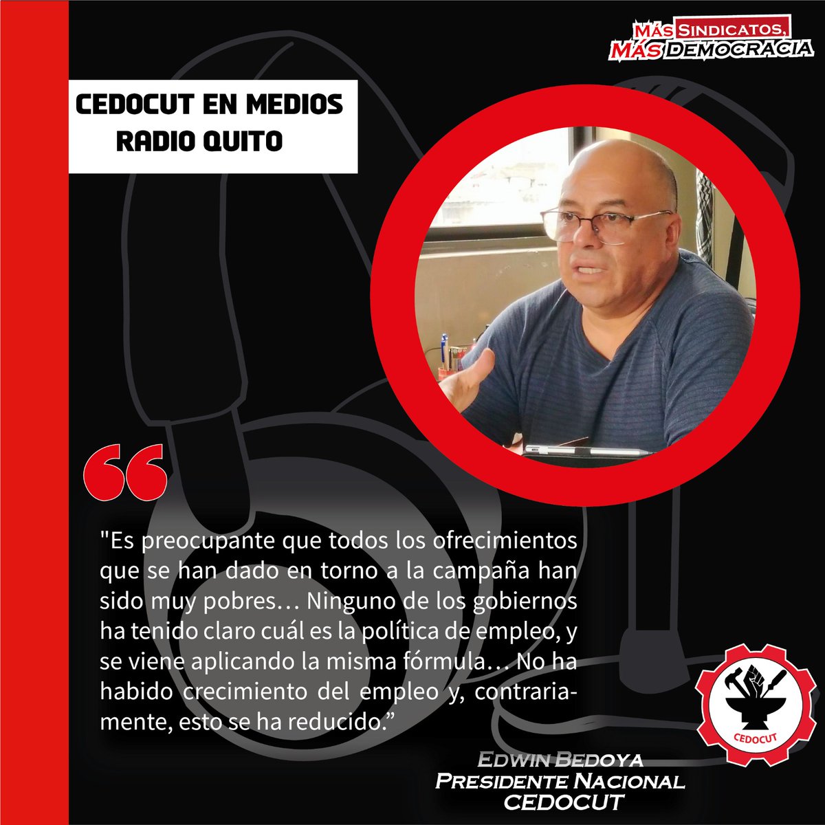 CEDOCUT's tweet photo. #EnMedios
📷El presidente nacional de la #CEDOCUT  Edwin Bedoya en estrevista en Radio Platinum / Radio Quito, manifestó
#CEDOCUT #DefensaSindical #JusticiaLaboral https://t.co/9UhEwaoBqU