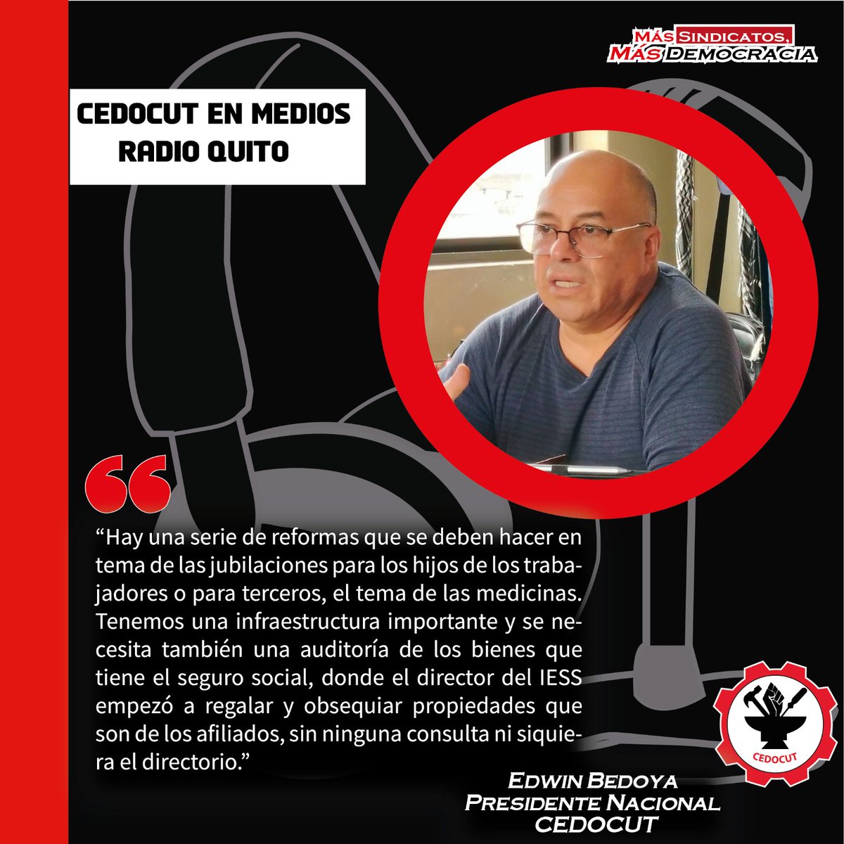 CEDOCUT's tweet photo. #EnMedios
📷El presidente nacional de la #CEDOCUT  Edwin Bedoya en estrevista en Radio Platinum / Radio Quito, manifestó
#CEDOCUT #DefensaSindical #JusticiaLaboral https://t.co/9UhEwaoBqU