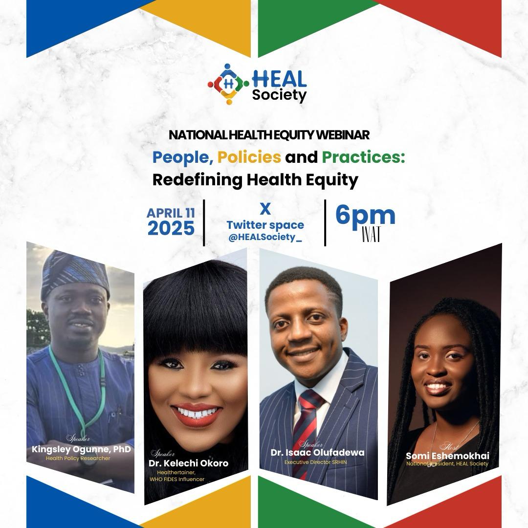 Dr Isaac Olufadewa (@drisaacking) on Twitter photo Join me LIVE here on X by 6PM WAT today!
At this National Health Equity Webinar organised by SRHIN's <a href="/HEALSociety_/">HEAL Society</a> we're going deep on People, Policies & Practices — how we move from talking about better health equity to actually achieving it.
I’m excited to be speaking Join me LIVE here on X by 6PM WAT today!
At this National Health Equity Webinar organised by SRHIN's <a href="/HEALSociety_/">HEAL Society</a> we're going deep on People, Policies & Practices — how we move from talking about better health equity to actually achieving it.
I’m excited to be speaking