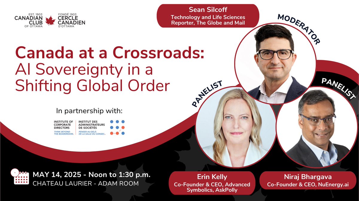 Canadian Club Ottawa (@cdnclubottawa) on Twitter photo Join us + <a href="/ICDCanada/">Institute of Corporate Directors</a> for a timely discussion exploring what AI sovereignty really means for Canada, and how we can take the lead in shaping our #AI future on our own terms—from boardrooms to Cabinet tables.
TICKETS: canadianclubottawa.ca/collections/fr… Join us + <a href="/ICDCanada/">Institute of Corporate Directors</a> for a timely discussion exploring what AI sovereignty really means for Canada, and how we can take the lead in shaping our #AI future on our own terms—from boardrooms to Cabinet tables.
TICKETS: canadianclubottawa.ca/collections/fr…