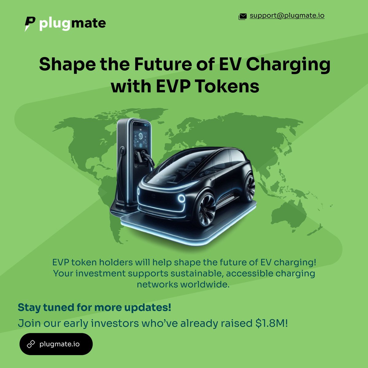 PlugMateEV's tweet photo. 🌱 Your chance to shape the future of EV charging is here.

Plugmate’s blockchain-powered platform ensures transparency and security. By investing in EVP tokens, you’re joining a sustainable movement that drives growth.

 With limited tradable supply at TGE, now is the best time to act.

🔗 Invest Now: https://t.co/hFqvURwrP0

#EVPToken #TokenSale #CryptoInvestment #Crowdfunding #InvestInGreen