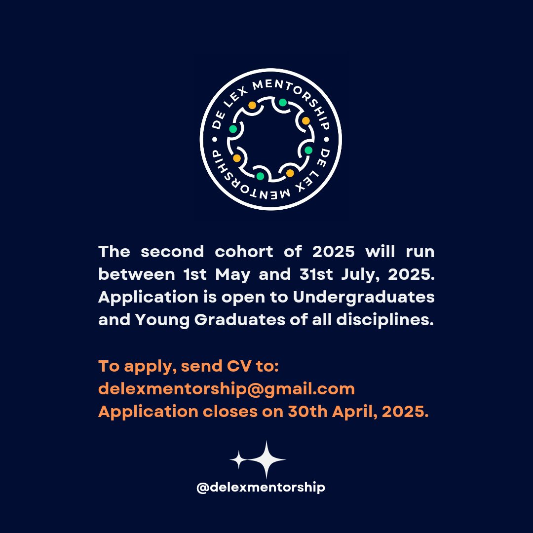 delexconsult's tweet photo. Still bouncing the feedbacks from the first cohort of De Lex Mentorship. The door is open for applications for the next cohort starting on 1st May 2025.

Send CV to delexmentorship@gmail.com https://t.co/RzzJh9aHNI