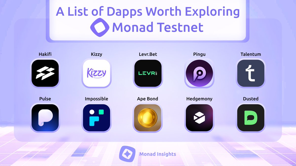 Monad_Insights's tweet photo. 🟪 Monad Testnet #35: A List of Dapps Worth Exploring on Monad 📜

1. Faucet and Swap tokens on @hakifi_io 
🔗 https://t.co/uZq3mDuDgX

2. Made a few bets on @kizzymobile 
🔗 https://t.co/JDp1yyTI8W

3. One more on @Levr_Bet
🔗 https://t.co/YmptR7uiND

4. Trading Cup on @PinguExchange
🔗 https://t.co/52Yy0ShyCS

5. Interact with @TalentumID 
🔗 https://t.co/O4t15K69b0

6. Score VIP NFT Access on @PulseNoLimits 
🔗 https://t.co/X8c0Ip7SHM

7. Mint an Exclusive NFT on @impossible_ 
🔗 https://t.co/DgoVmtfPkx

8. Buy Bonds on @ApeBond 
🔗 https://t.co/L2RHCYGVC5 

9. Leverage AI on @Hedgemony 
🔗 https://t.co/cvlI0KVgwy

10. Claim points on @dusted_app 
🔗 https://t.co/cYzmJ3KBmp

Increase your txn count, unique contract Interaction and stay positive 

Gmonad, say it back if you've been very active 💜