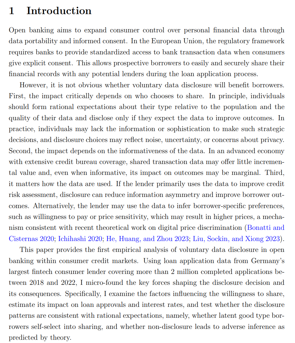 alz_zyd_'s tweet photo. There's a lot of interest in "open banking", banks sharing data to 3rd-parties. Check out @RachelJNam 's paper on German open banking: if everyone can share data, who does so?

Interestingly, people who are good credit risks know they're good, and opt-in more to data sharing!