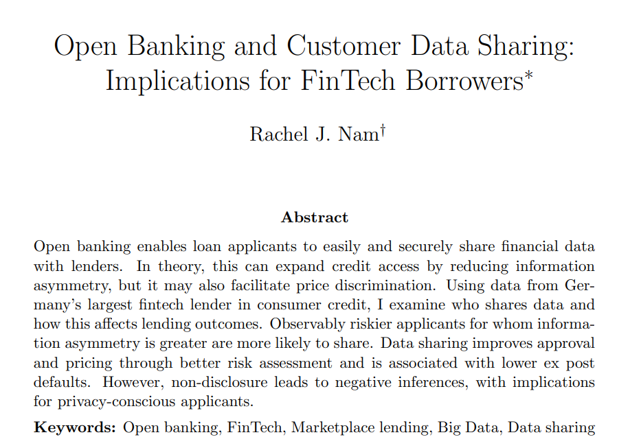 alz_zyd_'s tweet photo. There's a lot of interest in "open banking", banks sharing data to 3rd-parties. Check out @RachelJNam 's paper on German open banking: if everyone can share data, who does so?

Interestingly, people who are good credit risks know they're good, and opt-in more to data sharing!