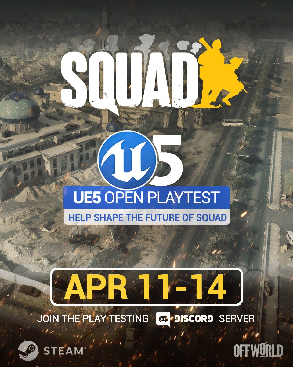 JoinSquad's tweet photo. TODAY IS THE DAY! 😎

Unreal Engine 5 Open Playtest is here, here’s what to expect:

🔹 Read the Steam Blog – Full details & instructions on how to join the playtest: https://t.co/QQFyvZadXA
🔹 Join the Playtesting Discord! Stay updated via the #optannouncements channel: https://t.co/wJlrHzeAKc
🔹 Watch for “Download Now”. We'll post when the build is live.
🔹 Playtest Runs All Weekend: April 11–14.

🫡 Jump into servers hosted by The Unnamed, GMG, BAJA, RO, 5thMR, Ukraine Unity Frontline, and more!

#joinsquad #openplaytest #UE5