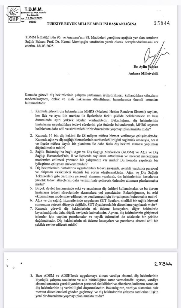 Kamuda görevli diş hekimlerinin çalışma şartlarının iyileştirilmesi, hastalarına ayrılan tedavi sürelerinin uzatılması,  kullandıkları cihazların modernizasyonu, ağız diş sağlığı teknikerleri gibi gerekli yardımcı sağlık personeli sayısının artırılması, ağız diş sağlığı