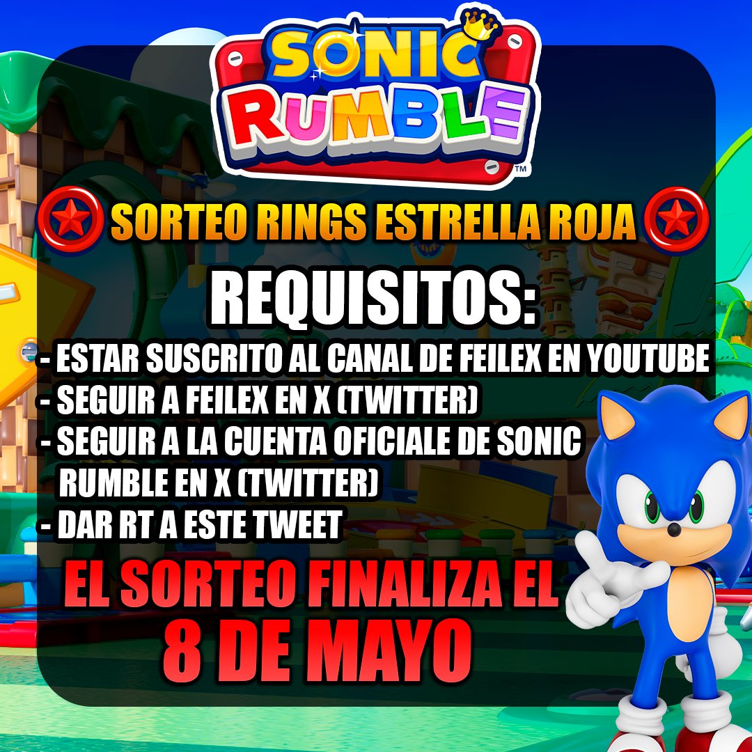 SONIC RUMBLE esta muy cerca de su lanzamiento mundial y os traigo un SORTEO. Sega me ha dado 5 códigos de 500 Rings estrella roja para el juego.

REQUISITOS:

-ESTAR SUSCRITO A MI CANAL
- SEGUIR A <a href="/FeilexYT/">FEILEX ⚡️</a> 
- SEGUIR A <a href="/Sonic_Rumble/">Sonic Rumble Party</a> 
- DAR RT 

#SonicRumble #SonicRumblePartner