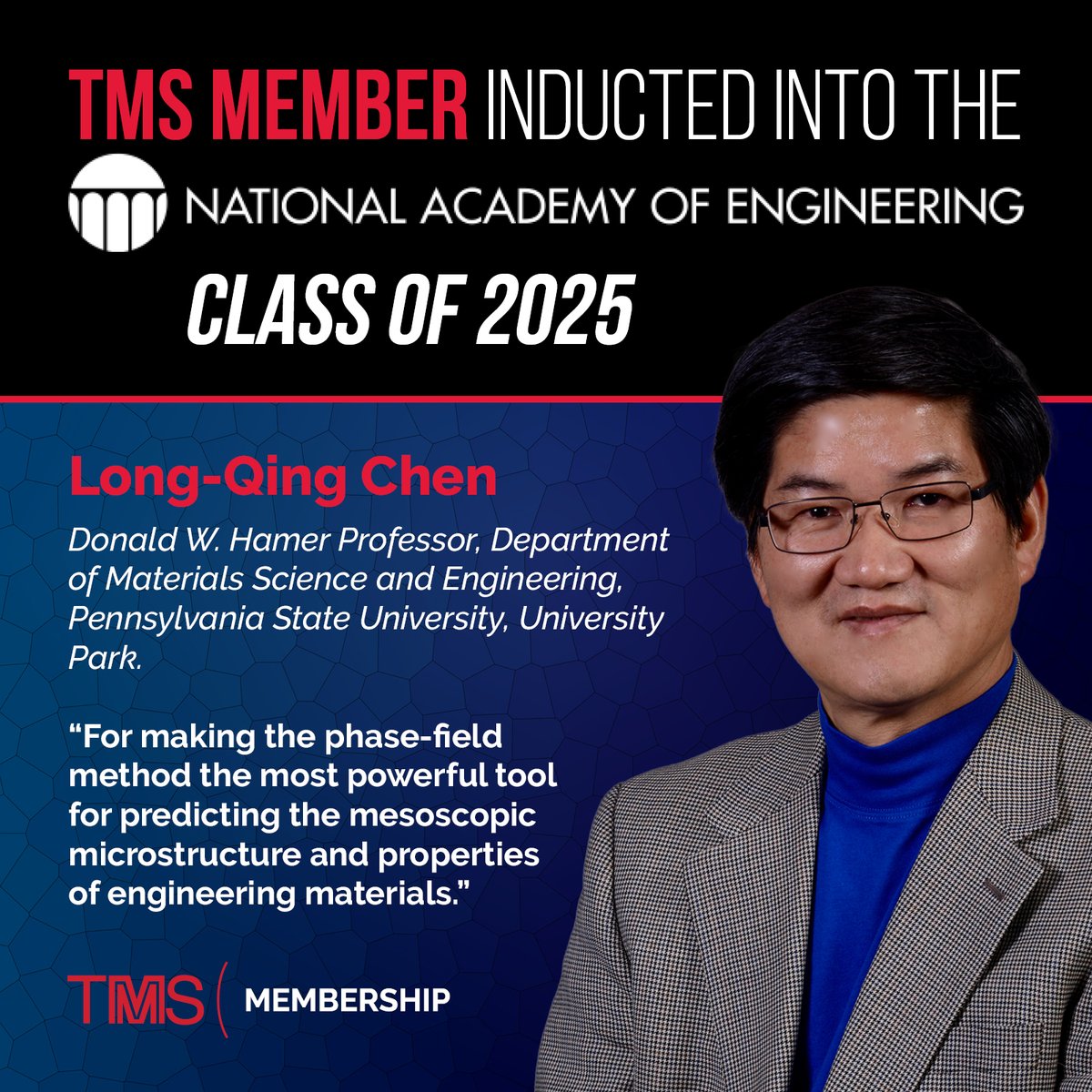 TMS (@tmssociety) on Twitter photo 🎉 Big congratulations to Dr. Long-Qing Chen!
TMS member and Donald W. Hamer Professor at <a href="/penn_state/">Penn State</a>, Dr. Chen has been elected to the National Academy of Engineering Class of 2025!
We’re excited to recognize his ongoing leadership and innovation in materials science. 🎉 Big congratulations to Dr. Long-Qing Chen!
TMS member and Donald W. Hamer Professor at <a href="/penn_state/">Penn State</a>, Dr. Chen has been elected to the National Academy of Engineering Class of 2025!
We’re excited to recognize his ongoing leadership and innovation in materials science.