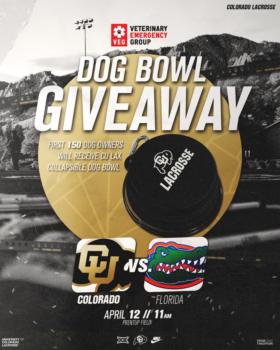 CUBuffsWLax's tweet photo. 🚨 GIVEAWAY ALERT 🚨 

Are you a dog owner looking for a portable, collapsible dog bowl? We thought so! Come on out to our game tomorrow against No. 4 Florida and be one of our 150 dog owner fans to get one! C U at Prentup Field at 11 a.m. MT🤩🐕🐶

#GoBuffs // #CUBuffsWLAX https://t.co/2GNbftCLfv