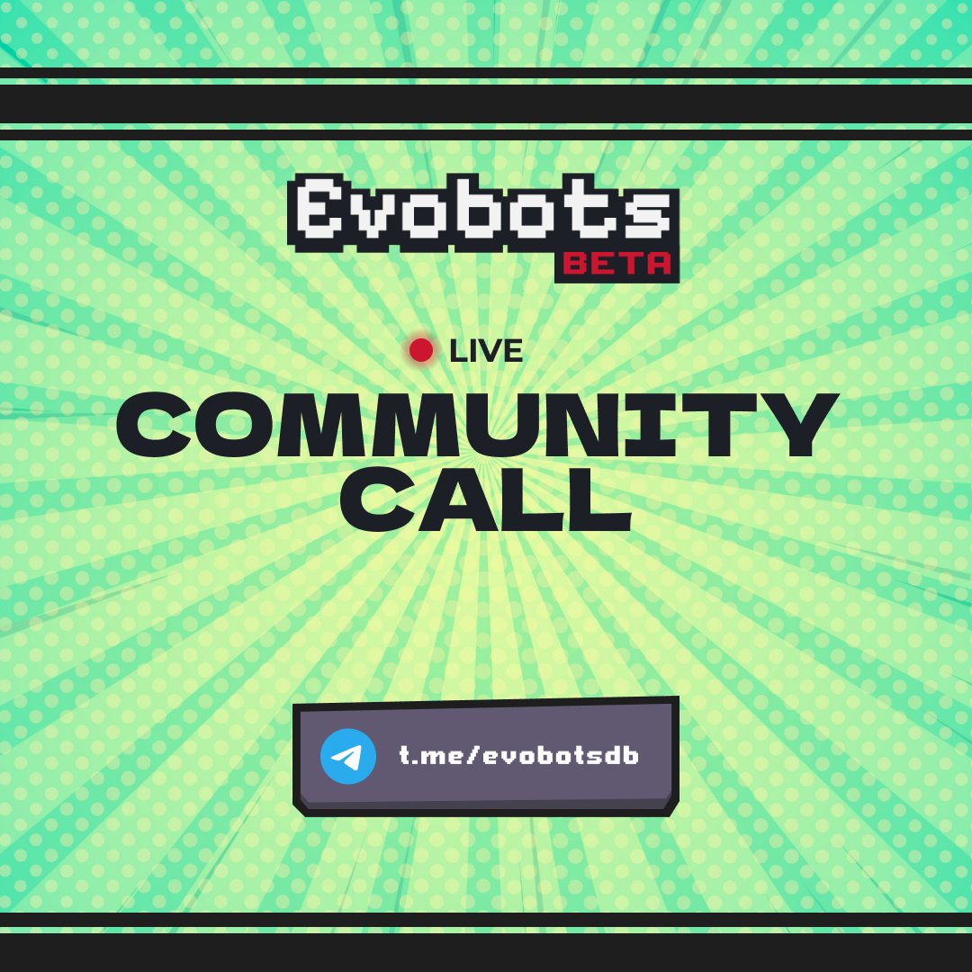 🎙️ EvoBots 1st Community Call – April 12 @ 5PM CET

We’re going LIVE on Telegram voice chat to talk:

🔹 EvoBots Ecosystem
🔹 Future Vision
🔹 Airdrop Strategy

Q&amp;A with the community!

Join us here: t.me/+CEOrX5d649Q2N…
Don’t miss it. ⚡