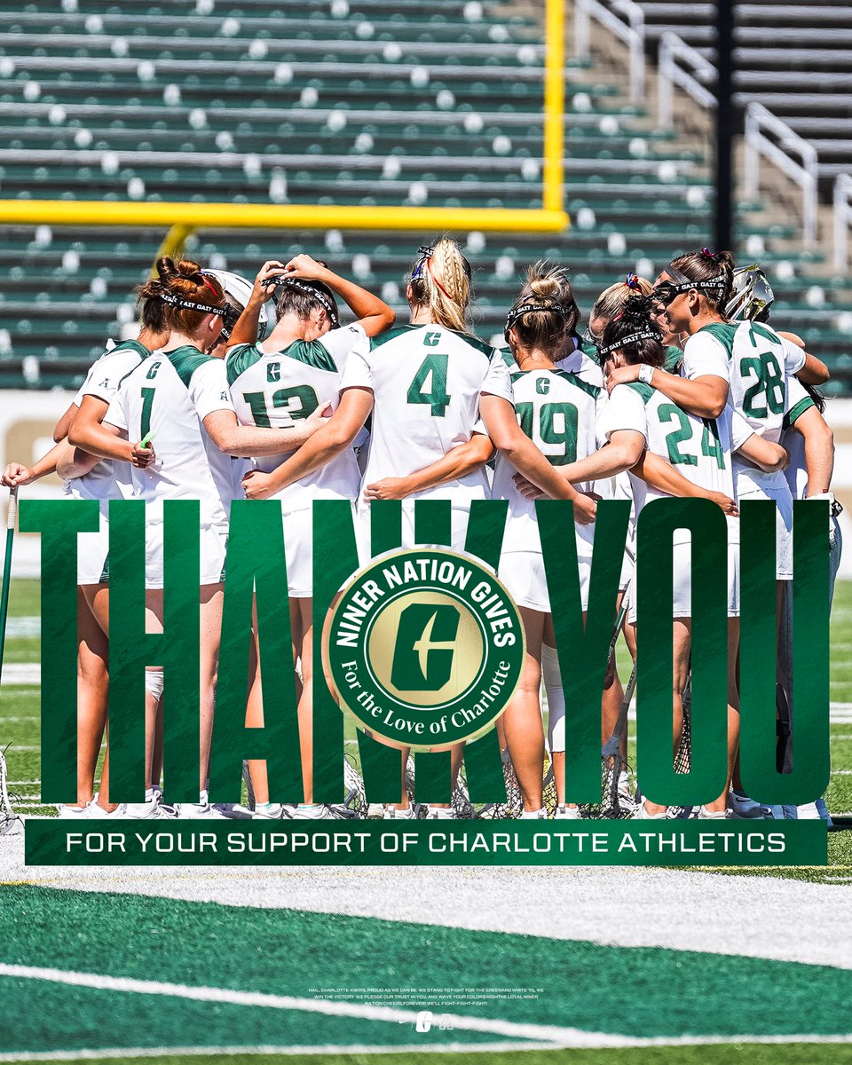 CharlotteWLAX's tweet photo. THANK YOU, Niner Nation! 💚🏑
Your support during #NinerNationGives powers every pass, every shot, and every goal we chase. Because of you, we compete with pride and passion — on and off the field.
Together, we rise. 🤙
#GoldStandard⛏️ x #FTLOC https://t.co/puVxzQe0Bs