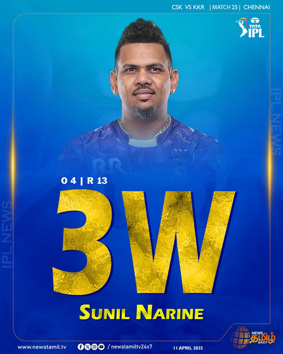 NewsTamilTV24x7's tweet photo. #SportsNews | 3 விக்கெட்டுகளை வீழ்த்தி Sunil Narine அசத்தல் 

#CSKvsKKR | #Chennai | #CSKBatting | #TossTime | #IPL2025 | #NewsTamil24x7 | #Target https://t.co/43qXsXlxWb
