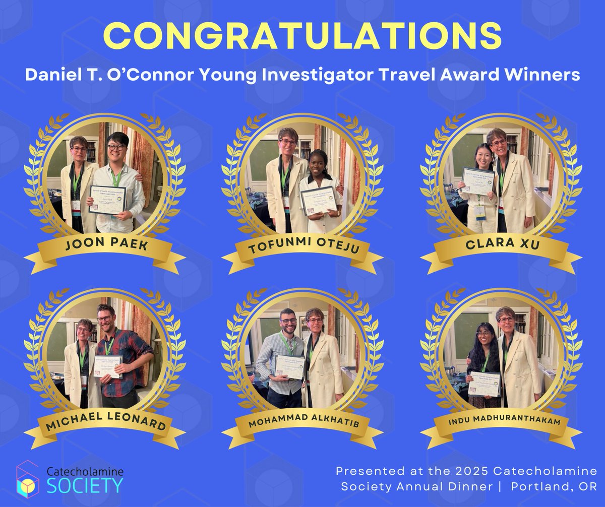 🎉 Congratulations to our 2025 Daniel T. O’Connor Young Investigator Travel Award winners! 🧠
We were thrilled to celebrate these outstanding trainees at the Catecholamine Society Annual Dinner in Portland, OR. #ASPET2025 #CatecholamineSociety