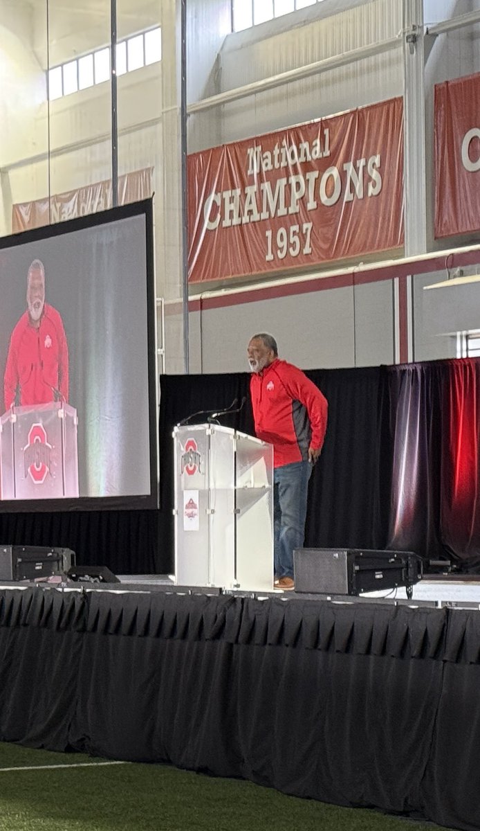 Trotwood-Madison head coach and former Buckeye Jeff Graham addressing coaches clinic after receiving Ohio’s Finest recognition from OSU