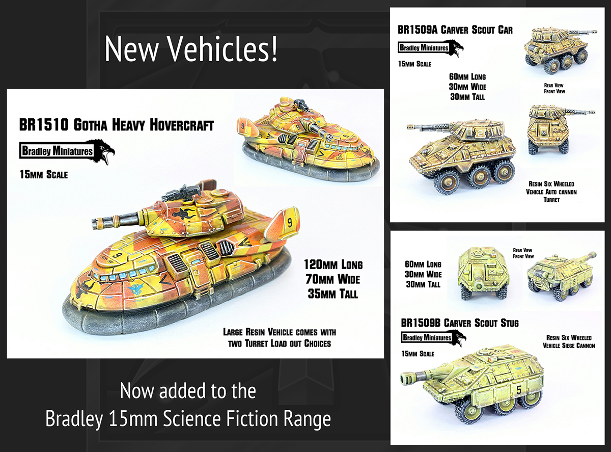 alternat_armies's tweet image. Bradley Miniatures new vehicles.  Super heavy Hovercraft, Scout Car and Stug. Plus free Warbot III auto in orders; scale shots too.  Use in any system. Mega Event until 6th May. #alternativearmies #bradleyminiatures #15mm #wargaming #tabletopgaming  shorturl.at/IJ92Q