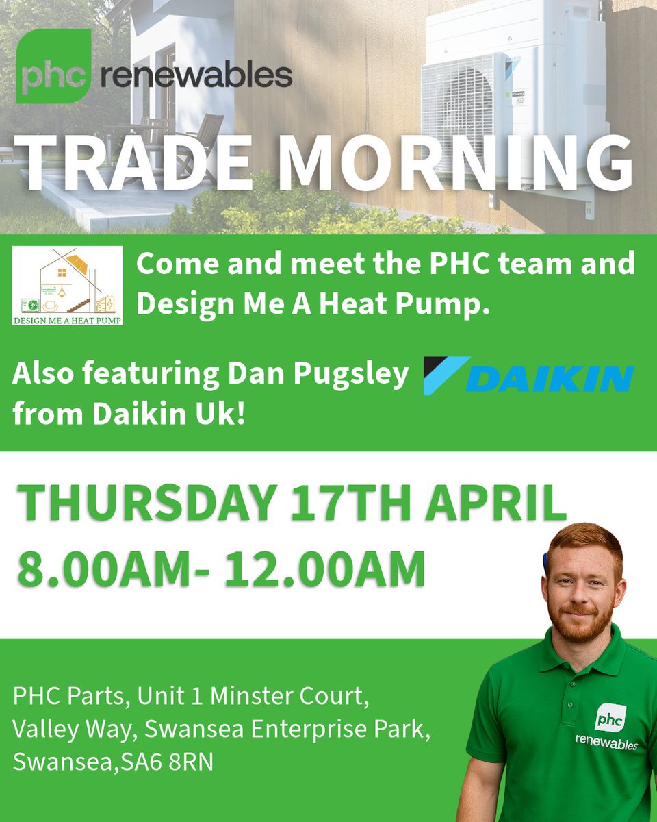 PHCParts's tweet image. Join us for an action-packed morning with Design Me A Heat Pump at PHC Renewables Swansea on Thursday 17th April, from 8:00 AM to 12:00 PM! #renewables #partnership #phcparts #phcrenewables #daikin #designmeaheatpump