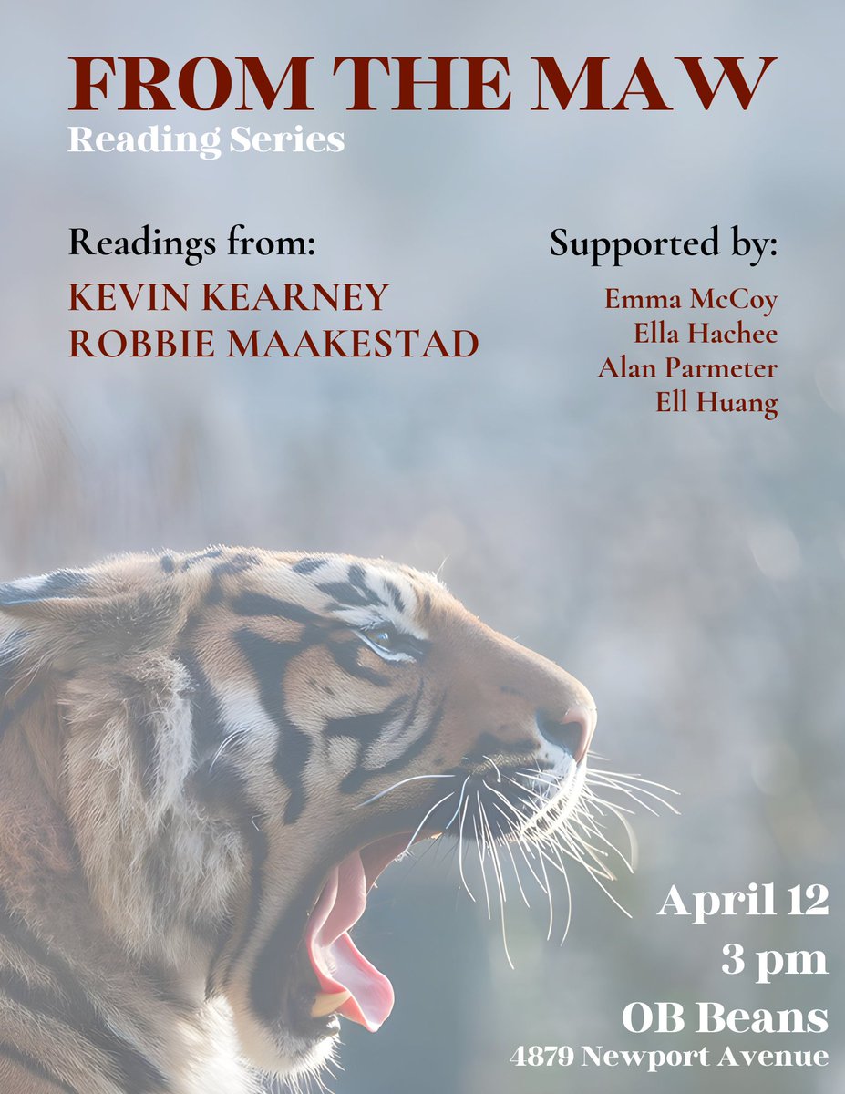 reading from FREELANCE in Ocean Beach tomorrow. Changing every character's name to "Tiger"
