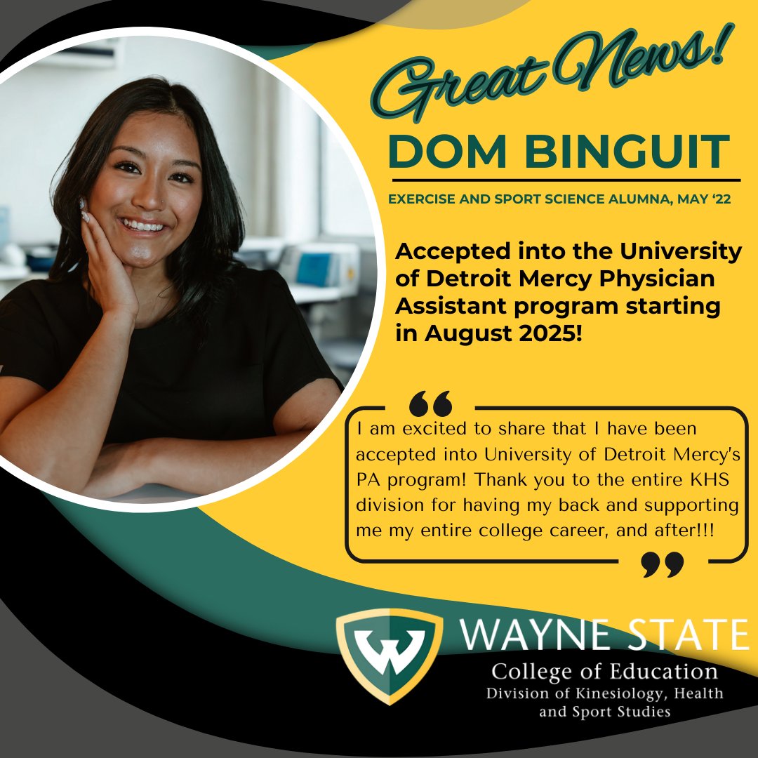 Dominique Benguit, a 2022 alumna of Exercise and Sport Science, has been accepted into the Physician Assistant program at the University of Detroit Mercy, starting this fall! Congratulations, Dom, as you begin this exciting journey toward a promising future. 🎉💯 #studentsuccess
