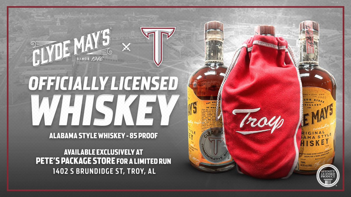 Another great example of how schools are creatively leveraging their brand!

Troy University, in collaboration with Clyde May’s and Pete’s Package Store, launched a limited-edition commemorative bottle and bag featuring Clyde May’s Alabama Style Whiskey!