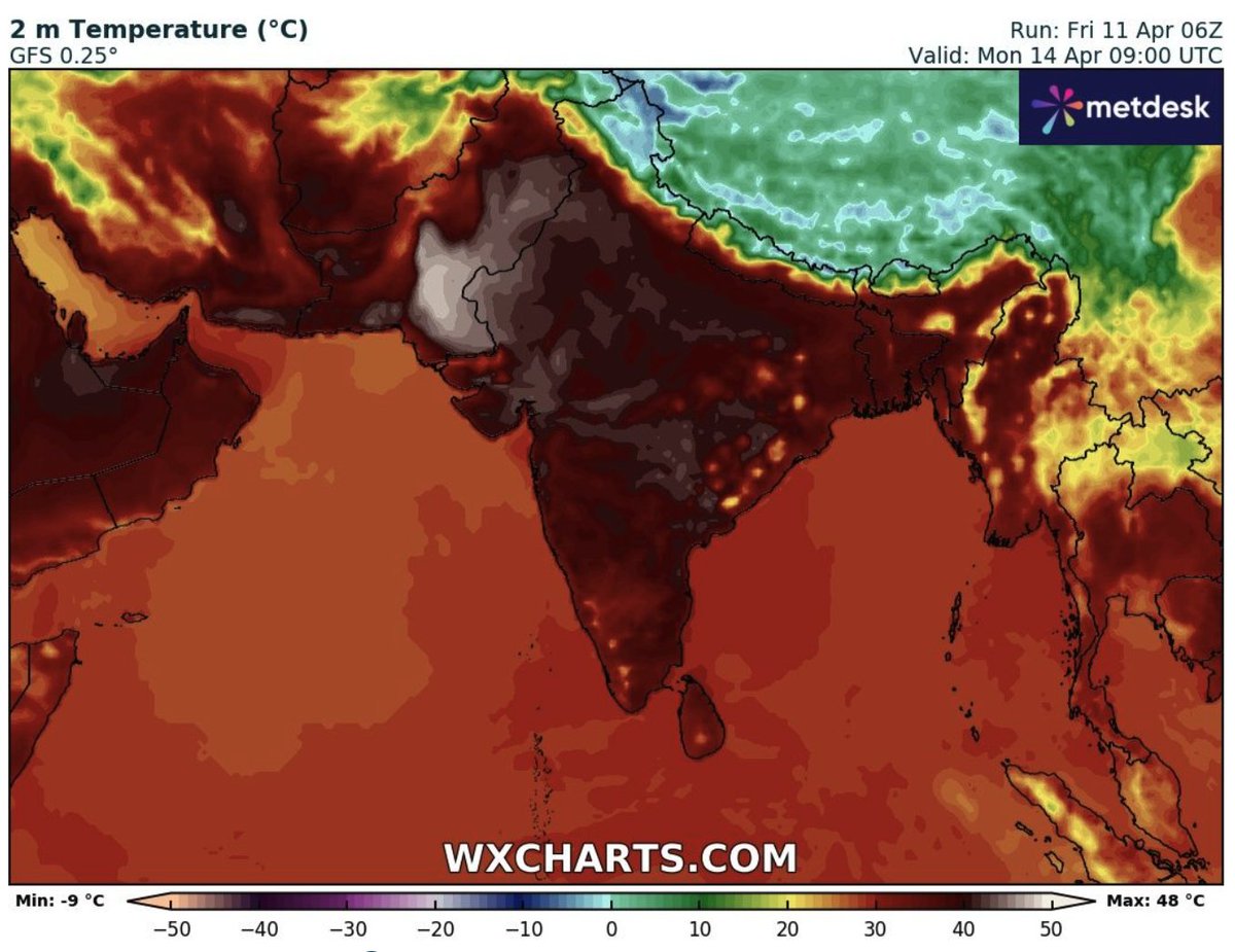🚨 Extreme Heat waves across India and Pakistan, with some areas nearing 50°C this weekend. People are being told to stay indoors unless necessary.
The India Met Dept. warns this year may be even hotter than the last. The warming planet is threatening habitability in this region.