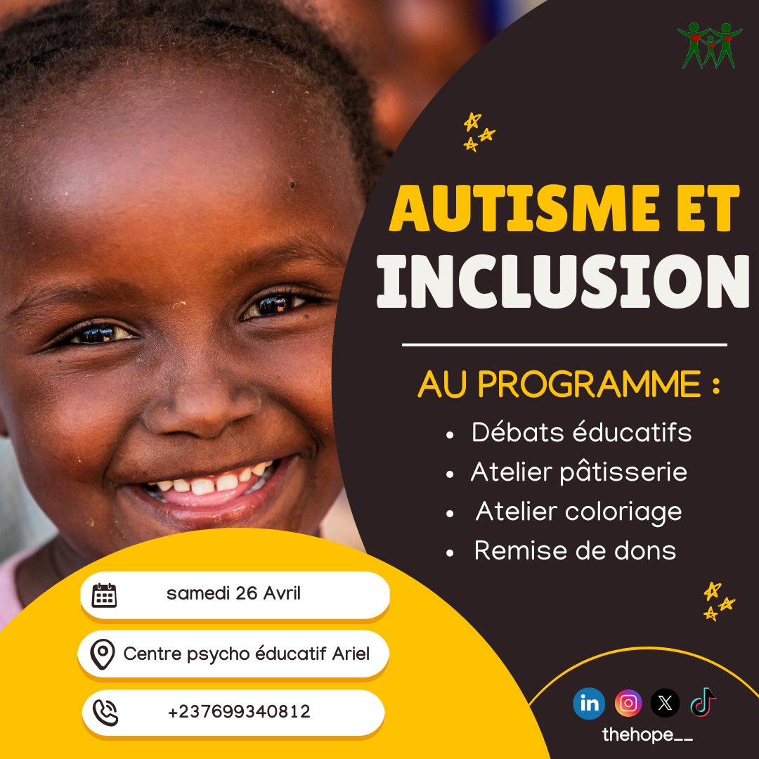 hope_cmr's tweet photo. Le 26 avril, rejoignez-nous au Centre psycho-éducatif Ariel à Kondengui pour une journée spéciale autour de l’autisme et de l’inclusion 💙

Une journée de partage pour célébrer ce qui nous rassemble et bâtir une société plus inclusive. 👧🏽🧒🏽

#Autisme #Inclusion #Yaoundé https://t.co/a7yagdD6Uv