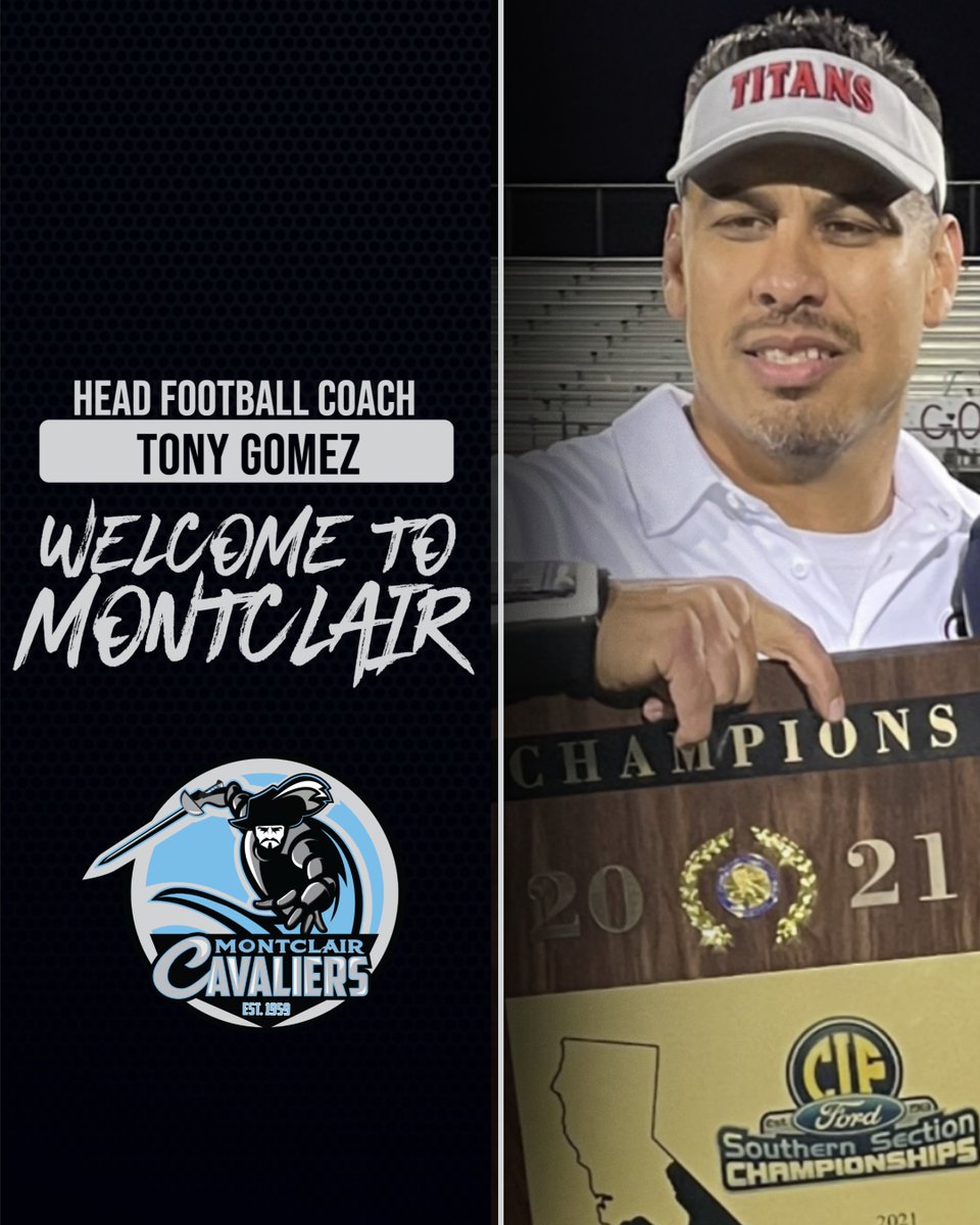 Montclair Athletics (@cavcrazies) on Twitter photo Montclair Athletics is excited to announce the hiring of their new Football coach, Tony Gomez. Tony brings a great deal of experience and knowledge. He is a CIF Champion and he will be a great example for our young men to follow and learn from. #bewareTHEclair <a href="/CoachGomez91/">Tony Gomez</a> Montclair Athletics is excited to announce the hiring of their new Football coach, Tony Gomez. Tony brings a great deal of experience and knowledge. He is a CIF Champion and he will be a great example for our young men to follow and learn from. #bewareTHEclair <a href="/CoachGomez91/">Tony Gomez</a>