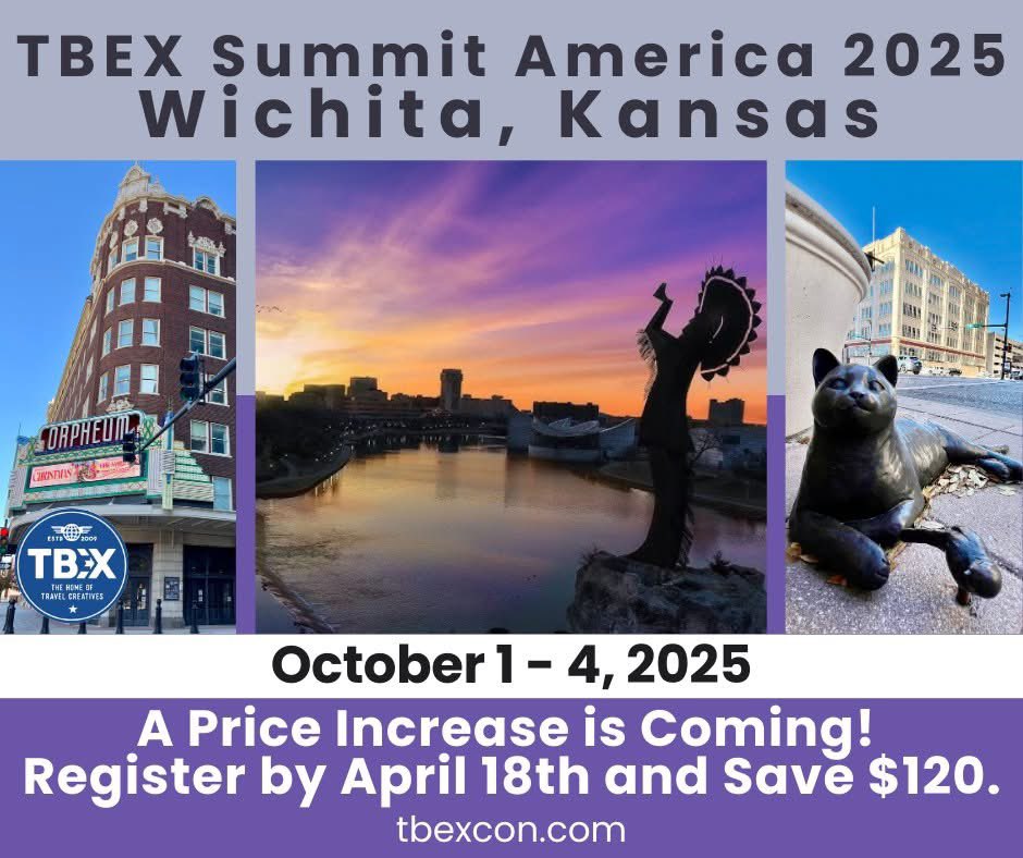 TBEX Summit America 2025 is headed to Wichita, Kansas – and it’s going to be unforgettable! 🧳✨ Mark your calendars for October 1–4, 2025, and get ready to connect, learn, and grow with the world’s top travel content creators and industry pros.

🎟️ Register by April 18th and