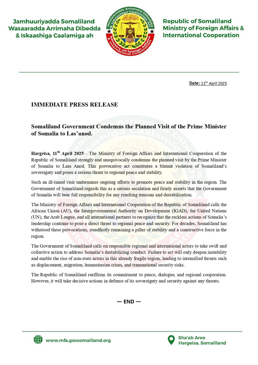 𝐏𝐫𝐞𝐬𝐬 𝐑𝐞𝐥𝐞𝐚𝐬𝐞 - The Ministry of Foreign Affairs and International Cooperation of the Republic of Somaliland strongly and unequivocally condemns the planned visit by the Prime Minister of Somalia to Las'Anod. 
mfa.govsomaliland.org/article/somali…