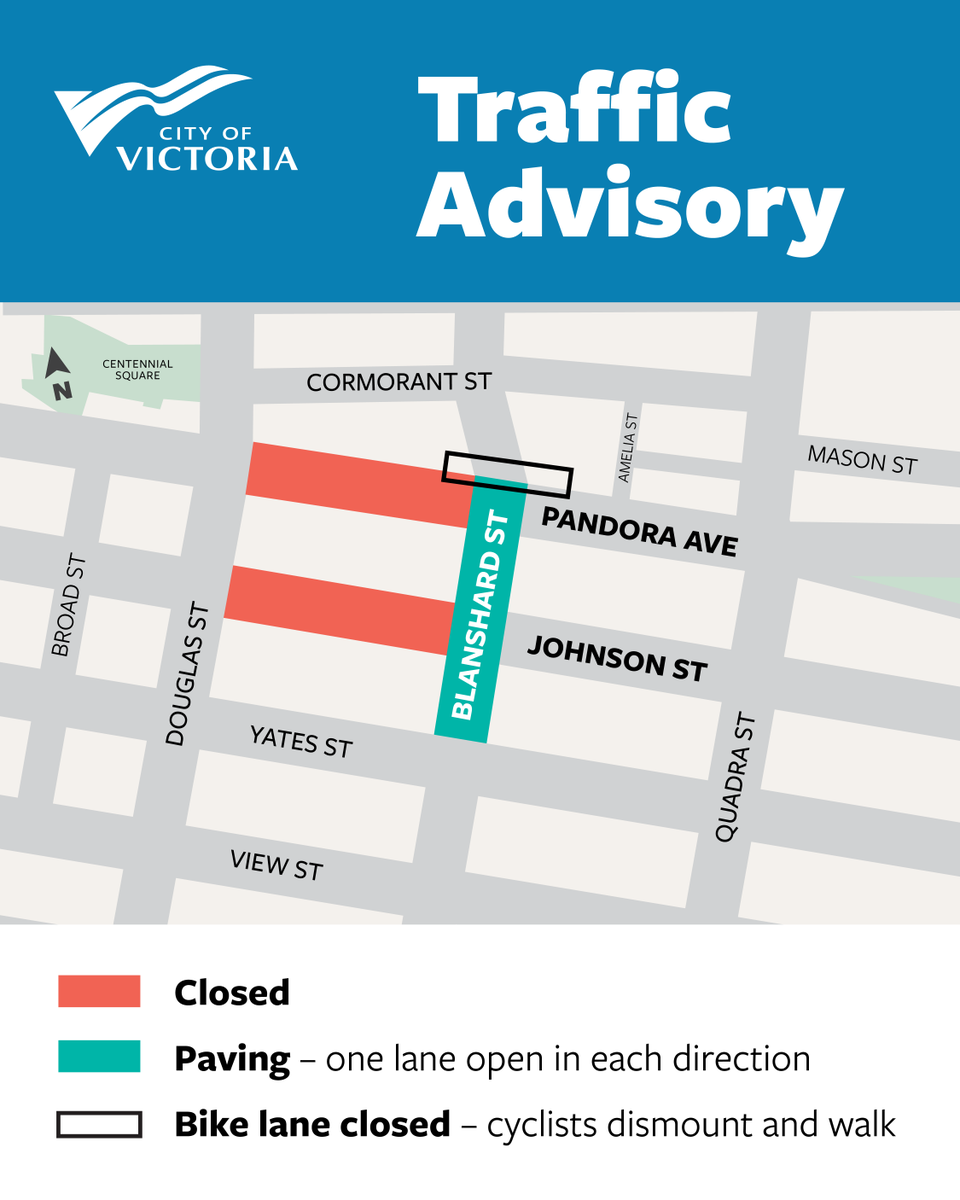 Road paving on Blanshard, Yates to Pandora

📅 April 12, 7 a.m. -7 p.m.
🚧Pandora &amp; Johnson closed from Douglas to Blanshard. Reduced lanes on Blanshard.
🚗 Parkade open with delays
🕞 Expect delays &amp; use alt routes
➡️ Follow directions of signs &amp; crews

#YYJTraffic