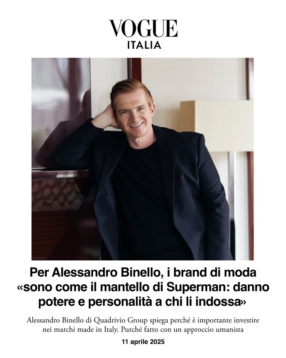 Quadrivio Group (@quadriviogroup) on Twitter photo L’intervista ad <a href="/A_Binello/">Alessandro Binello</a>, co-fondatore e Group Ceo di #QuadrivioGroup, realtà internazionale che da oltre 25 anni opera nel mercato del Private Equity.
*
Fonte: <a href="/vogue_italia/">Vogue Italia</a> - 11.04.2025 L’intervista ad <a href="/A_Binello/">Alessandro Binello</a>, co-fondatore e Group Ceo di #QuadrivioGroup, realtà internazionale che da oltre 25 anni opera nel mercato del Private Equity.
*
Fonte: <a href="/vogue_italia/">Vogue Italia</a> - 11.04.2025