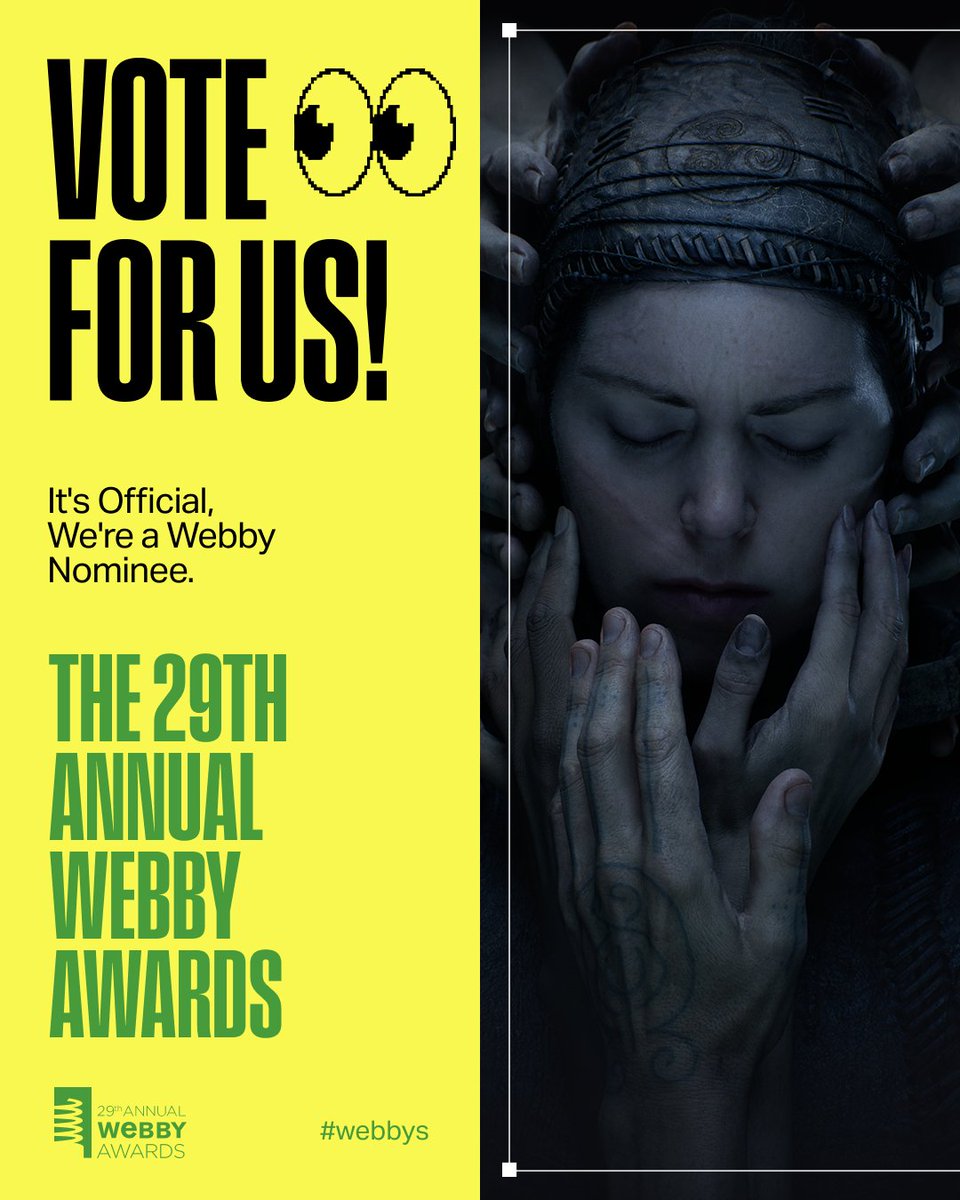Ninja Theory (@ninjatheory) on Twitter photo Senua's Saga: Hellblade II is officially a nominee in <a href="/TheWebbyAwards/">The Webby Awards</a> under the AI, Immersive & Games categories!
If you think we deserve the win, please vote for us before April 17th using the links below:
๐ Best Game Design: wbby.co/4j82eJt
๐ Action & Adventure: Senua's Saga: Hellblade II is officially a nominee in <a href="/TheWebbyAwards/">The Webby Awards</a> under the AI, Immersive & Games categories!
If you think we deserve the win, please vote for us before April 17th using the links below:
๐ Best Game Design: wbby.co/4j82eJt
๐ Action & Adventure: