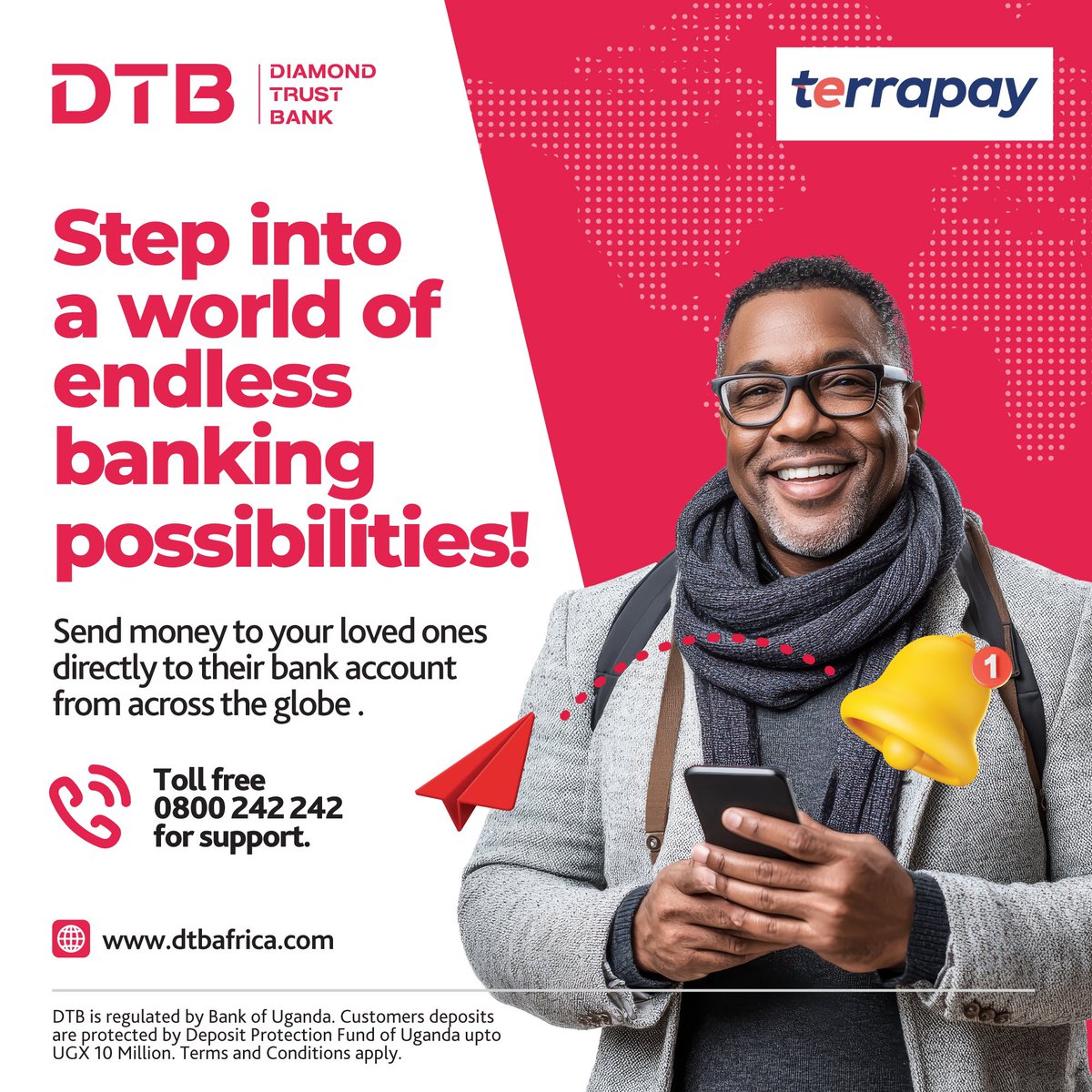 Send love across borders fast, easy, and straight to the bank with <a href="/dtb_uganda/">DTB Uganda</a> and <a href="/TerraPay/">TerraPay</a>.
Call us on toll free 0800 242 242 for support. #DTBTerrapay
#BankWithUsBankOnUs