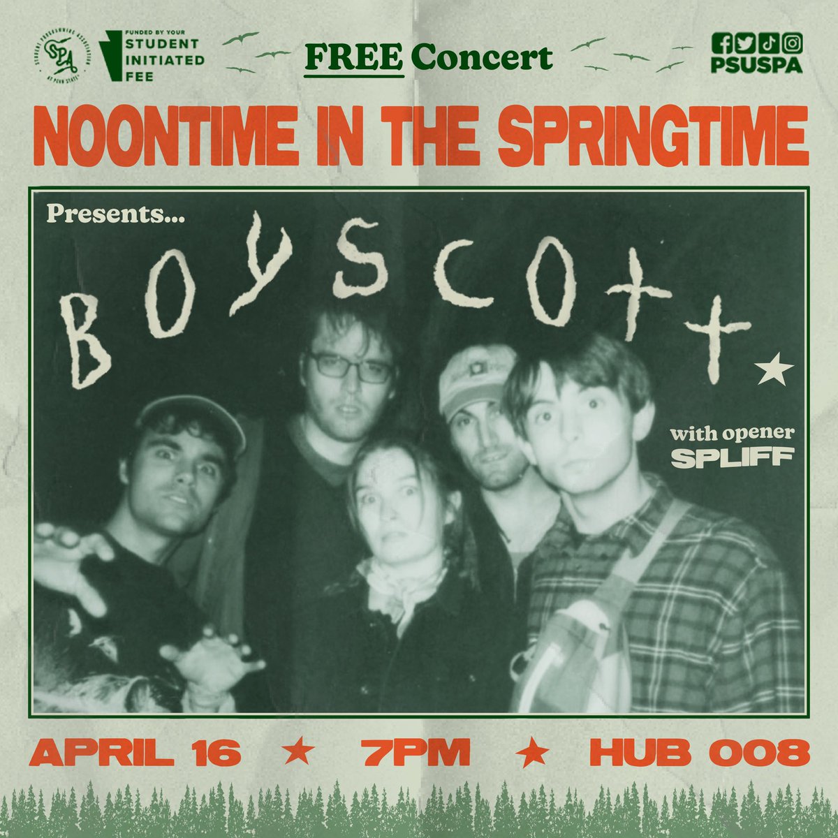 Penn State's SPA (@psuspa) on Twitter photo Join us for Noontime in the Springtime featuring Boyscott! 🌱 The FREE concert will take place in HUB 008 this Wednesday at 7pm.
Visit <a href="/psuspa/">Penn State's SPA</a> on Instagram for full event details & ticket information. See you there! 🙂 Join us for Noontime in the Springtime featuring Boyscott! 🌱 The FREE concert will take place in HUB 008 this Wednesday at 7pm.
Visit <a href="/psuspa/">Penn State's SPA</a> on Instagram for full event details & ticket information. See you there! 🙂