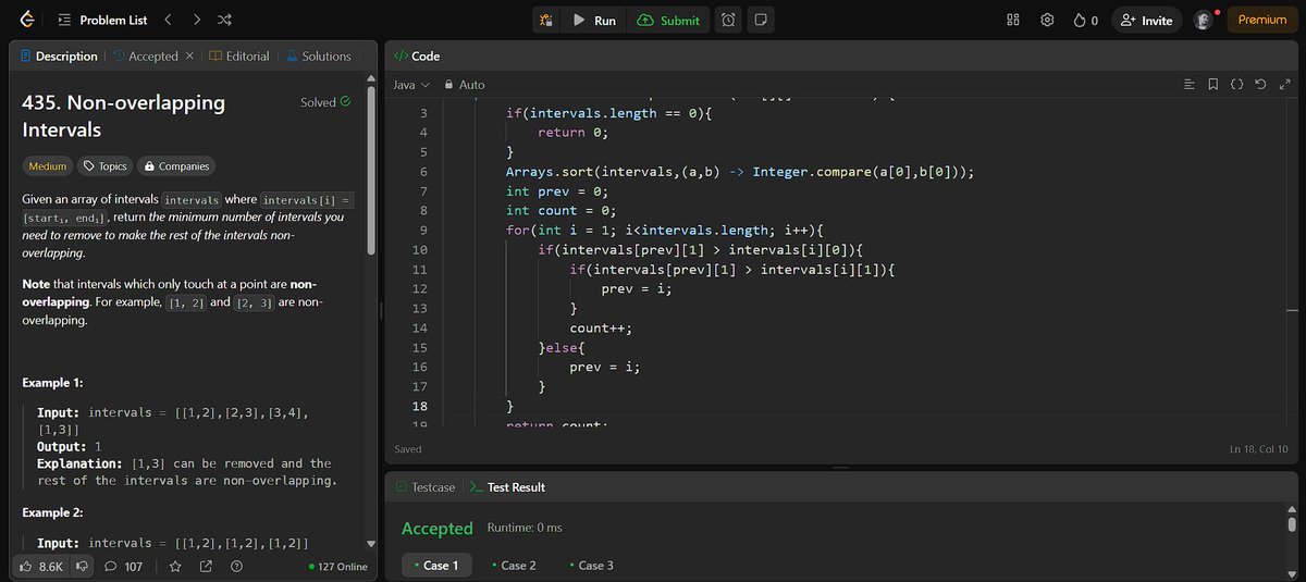 aakashdeep2310's tweet photo. #day105 of #daily #code and
Its #day19 of Blind 75 #Leetcode #DSA #Challenge ✅Problem Solved: 435. Non-overlapping Intervals
If you are solving DSA problems daily, let's connect. #blind75 #revision #Java #ProblemSolving #CodingChallenge #shashcode #potd #JavaDSA
@shashCode https://t.co/aLXre5tly0