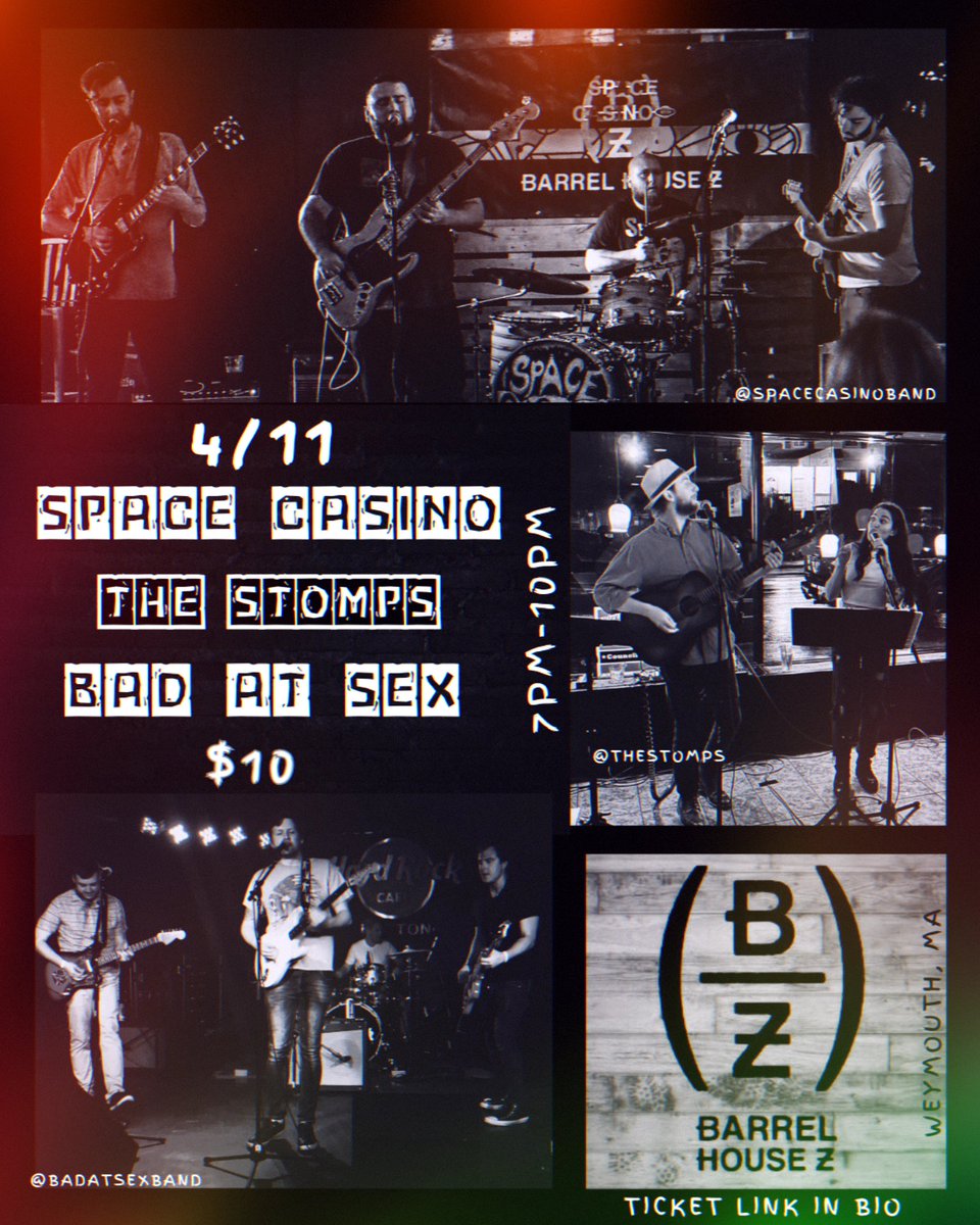 SpaceCasinoBand's tweet photo. Come to Barrel House Z in Weymouth tonight!
Music at 7pm, Acoustic Duo The Stomps opens it up, then Bad at Sex and finally Space Casino!
@BarrelHouseZ
#newmusic #merch #localbands #bostonmusicscene #bostonmusic #localartist https://t.co/EkHd0ED8u7
