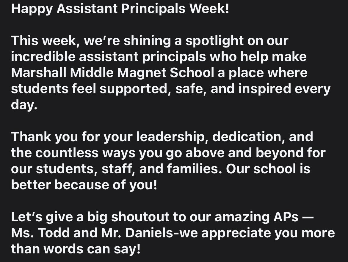 HCPSMarshallMS's tweet photo. Happy Assistant Principals Week! 

This week, we’re shining a spotlight on our incredible assistant principals who help make Marshall Middle Magnet School a place where students feel supported, safe, and inspired every day.

Thank you for your leadership and endless dedication https://t.co/T2PNden9yr