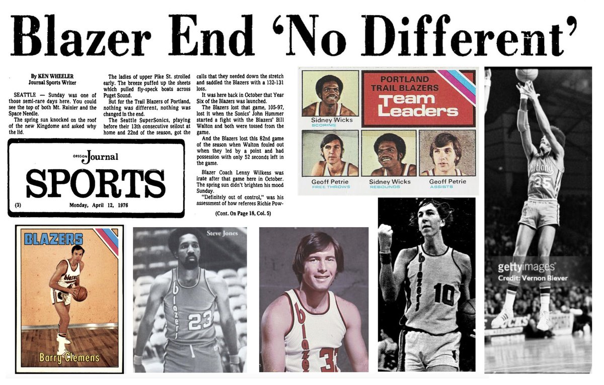 77Blazers's tweet photo. April 11, 1976 - The @trailblazers closed out their sixth season with a road loss to the @SeattleSonics.

#BillWalton led the #Blazers with 33 points while rookie @LionelHollins14 finished with a then career-best 25 points. Fellow rookie #BobbyGross added 20 points with #LarrySteele adding 9 points and tying Hollins with 8 assists.

The foursome, and #LloydNeal who did not play due to an achilles issue, would be the only players to return for the following season. 

Playing in their final @NBA games were #DannyAnderson, #BarryClemens, #SteveJones, #LaRueMartin. All would be released prior to the conclusion of the 1976/77 training camp though #SteveHawes, who scored 15 points and grabbed 15 rebounds, would be traded to the @ATLHawks in August. He played another 8 years in the #NBA.

#GeoffPetrie and #SidneyWicks each missed the game, Petrie with a knee injury and Wicks due to shin-splints after recently being in a car accident. The two players, who have scored 9,732 and 8,882 points, would both be traded during the summer.

#RipCity #ThisDateinBlazersHistory #OTD