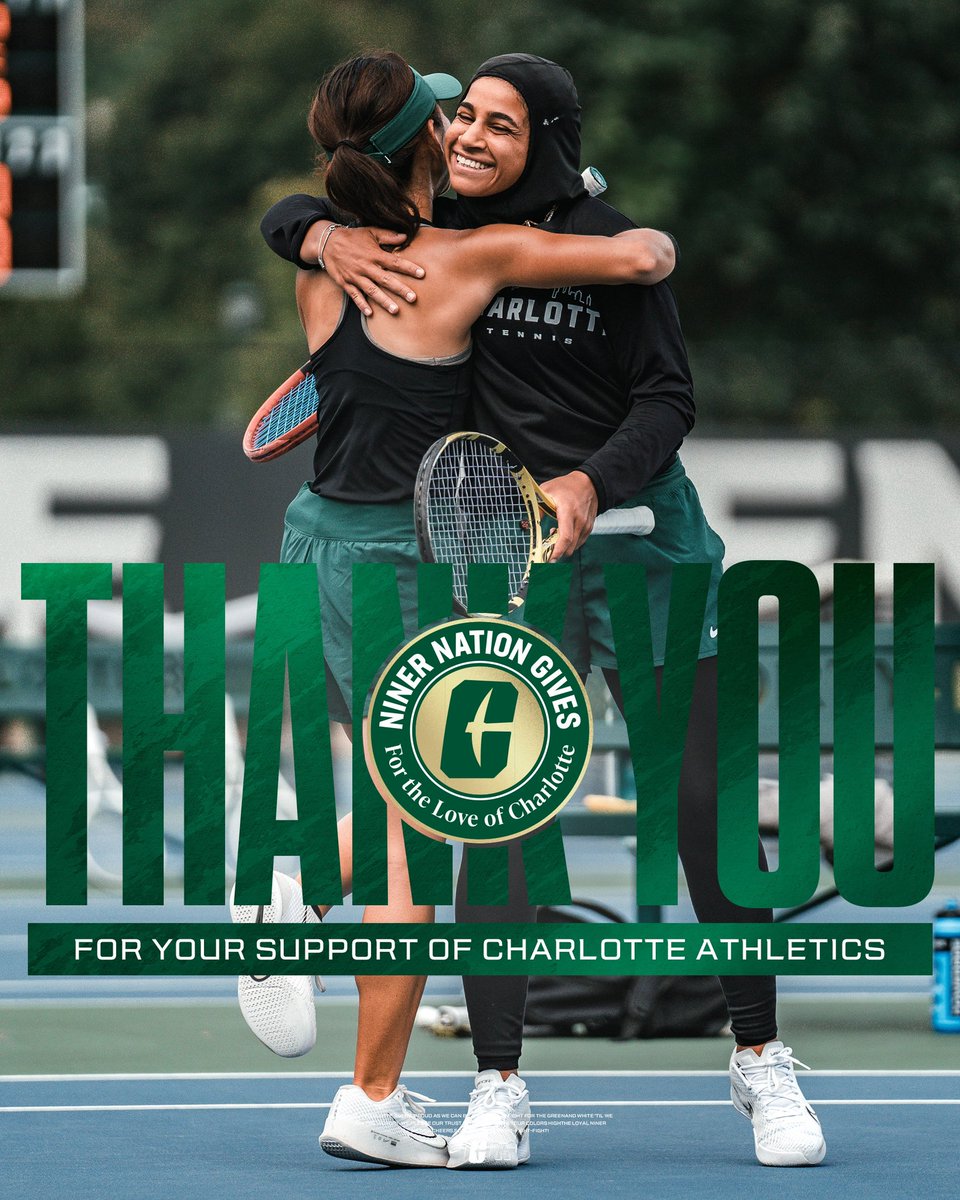 CharlotteWTen's tweet photo. THANK YOU, Niner Nation! 💚🎾
Your support during #NinerNationGives fuels every serve, every rally, and every match we fight through. Because of you, we compete with passion and purpose — on and off the court.
Together, we rise. 🤙
#GoldStandard⛏️ x #FTLOC https://t.co/Ll6s7sNpeR